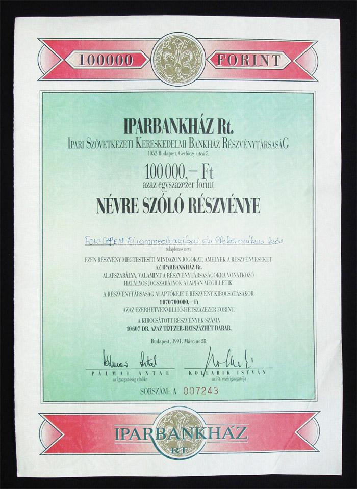 Iparbankh�z Rt. r�szv�ny 100000 forint 1991